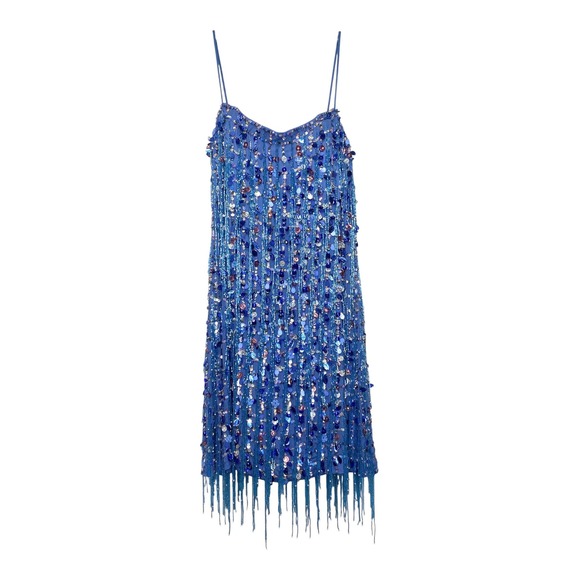 Alexis Sequin and‎ Bead Fringed Party Dress Blue Mini Cocktail Sleeveless - Picture 5 of 9